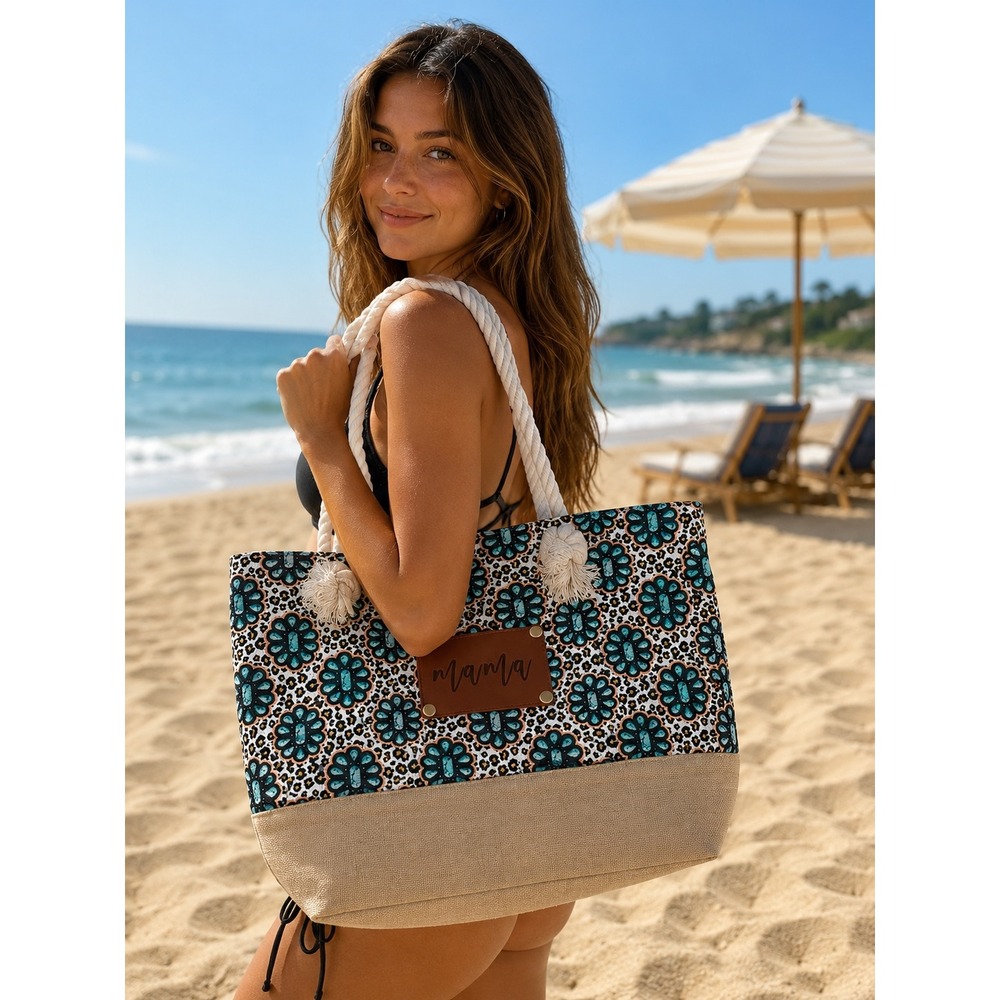 Beach Mama Tote Bag Women Large Multicolor Leopard Turquoise‎ Floral Western New